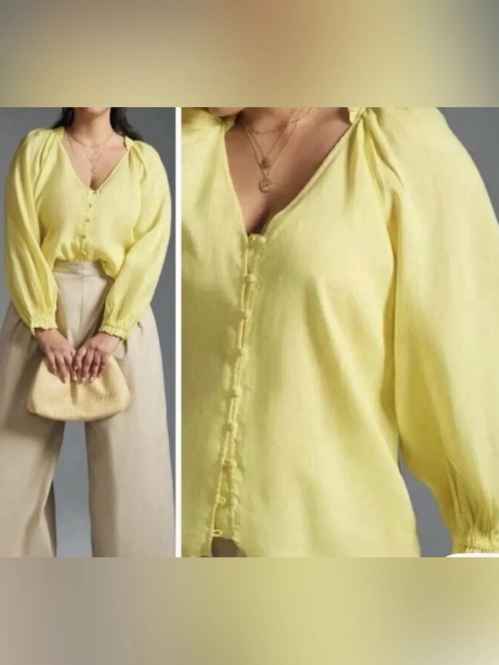 Anthropologie Maeve Linen Pale Yellow Button-Front V-Neck Blouse - Picture 4 of 10